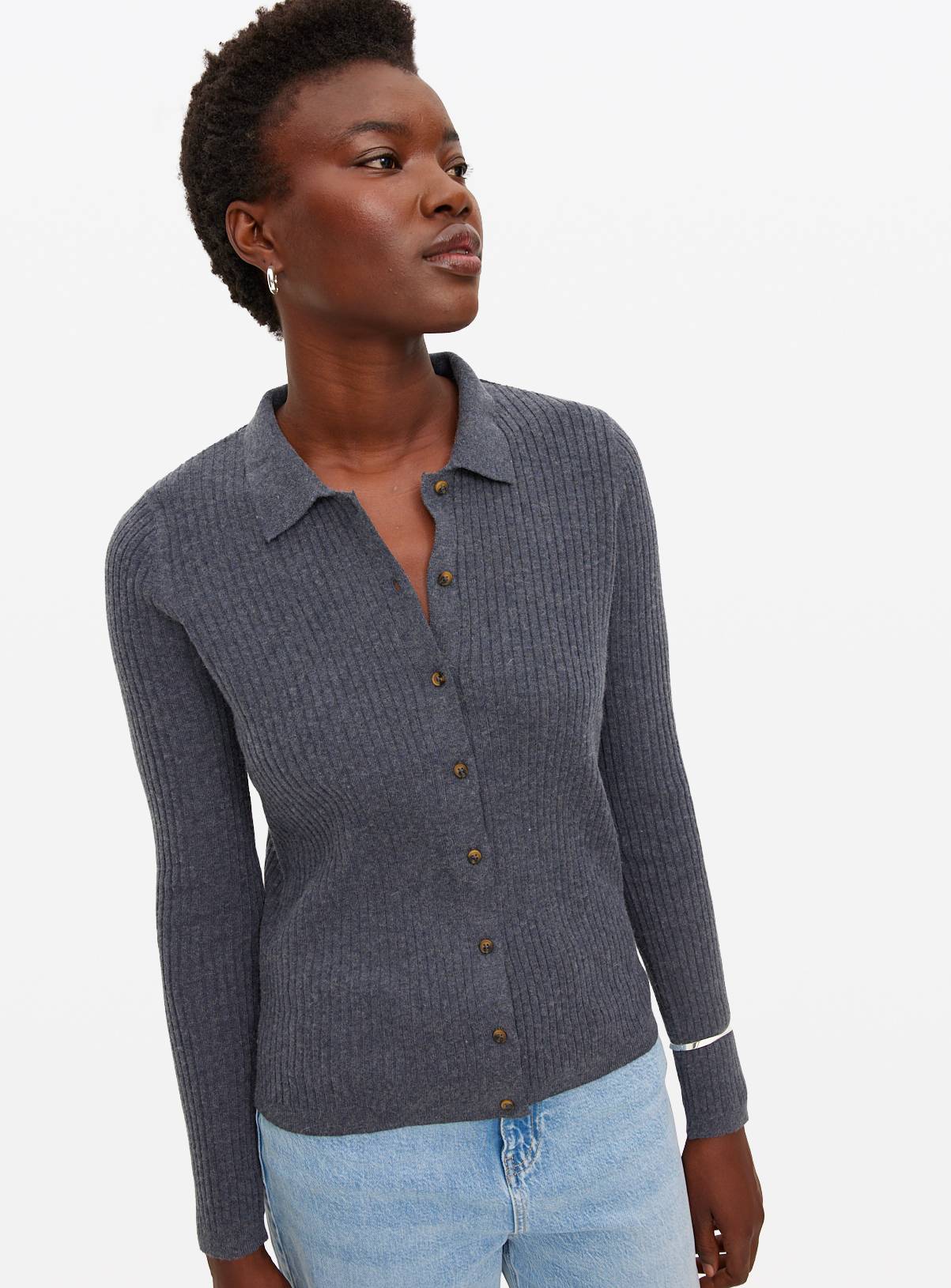 Navy Ribbed Collared Cardigan 12 - Image 1